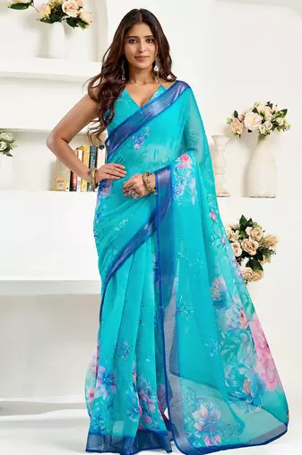 Turquoise  linen floral printed ready to wear saree