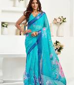 Turquoise  linen floral printed ready to wear saree