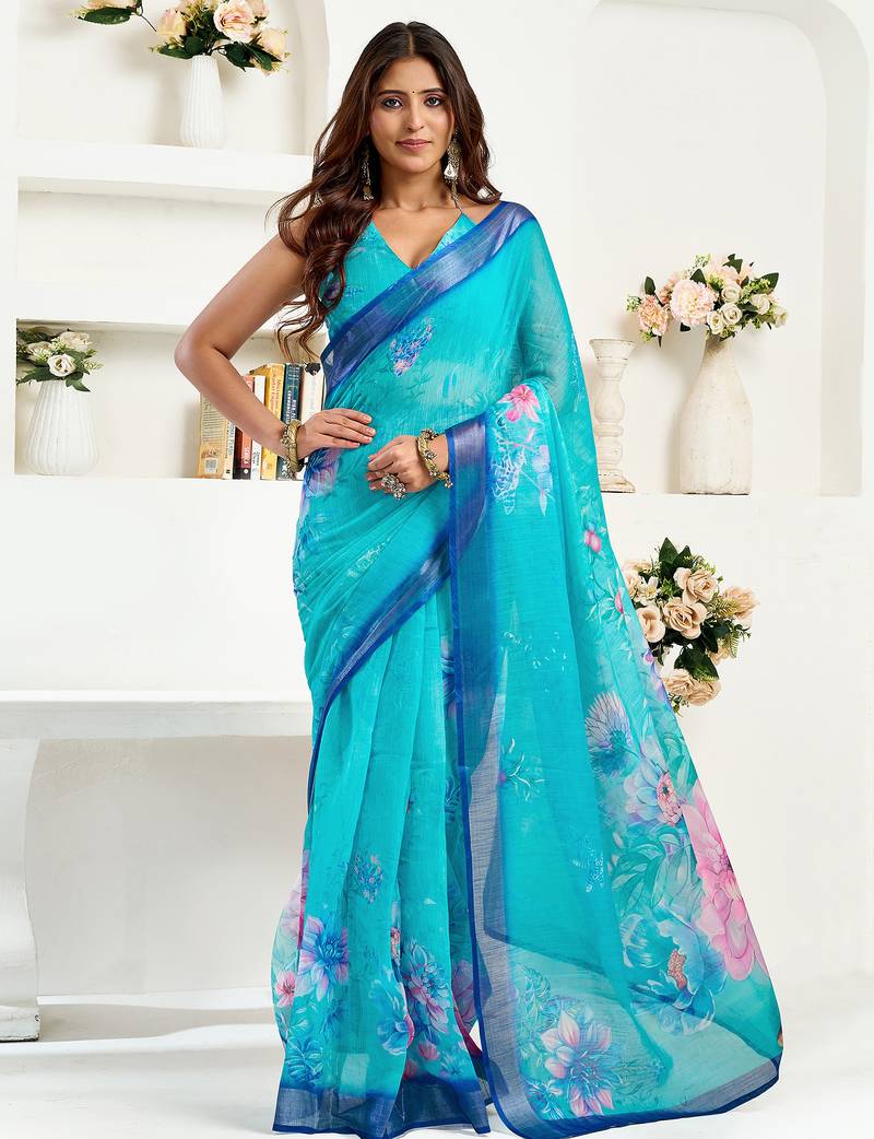 Turquoise  linen floral printed ready to wear saree