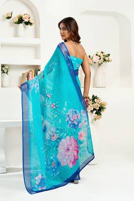 Turquoise   linen floral printed ready to wear saree 3