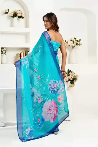 Turquoise   linen floral printed ready to wear saree