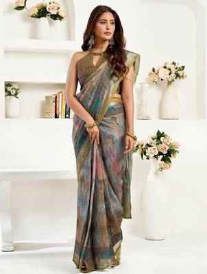 Dusty green linen floral & ethnic motifs printed ready to wear saree 1