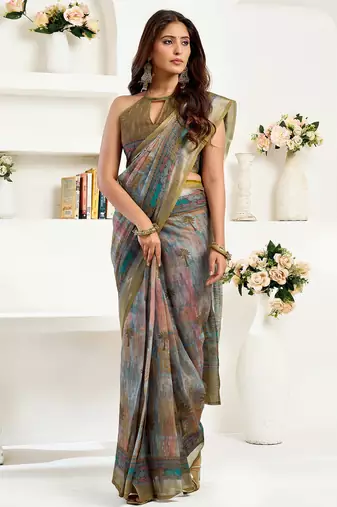 Dusty green linen floral & ethnic motifs printed ready to wear saree
