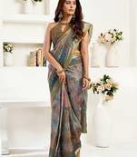 Dusty green linen floral & ethnic motifs printed ready to wear saree