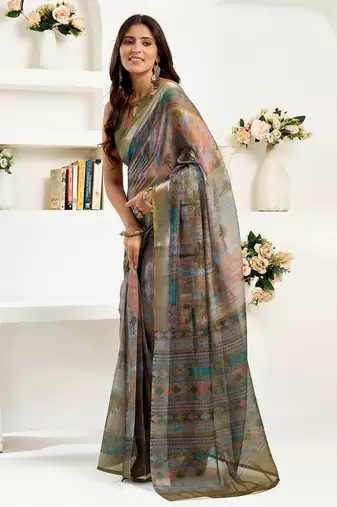 Dusty green linen floral & ethnic motifs printed ready to wear saree