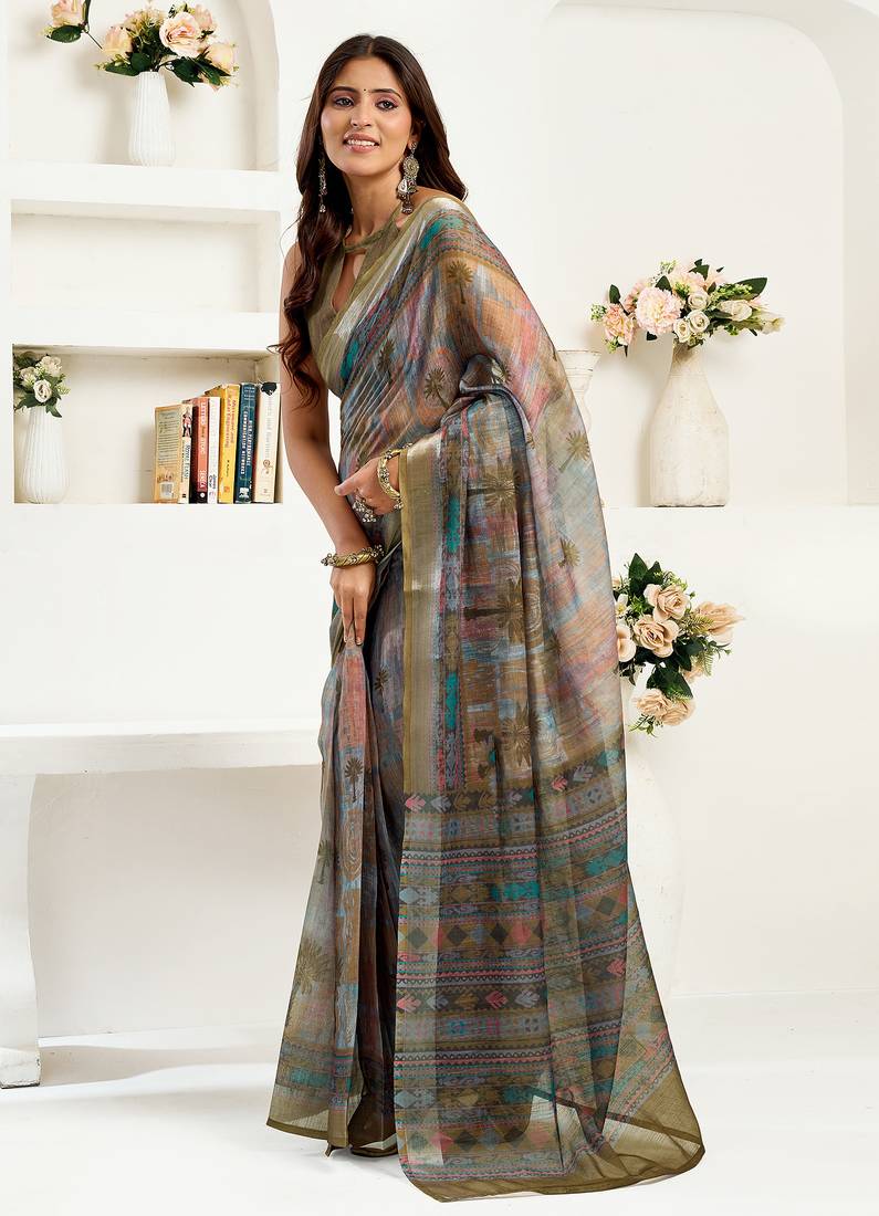 Dusty green linen floral & ethnic motifs printed ready to wear saree