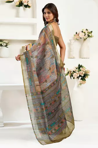 Dusty green linen floral & ethnic motifs printed ready to wear saree