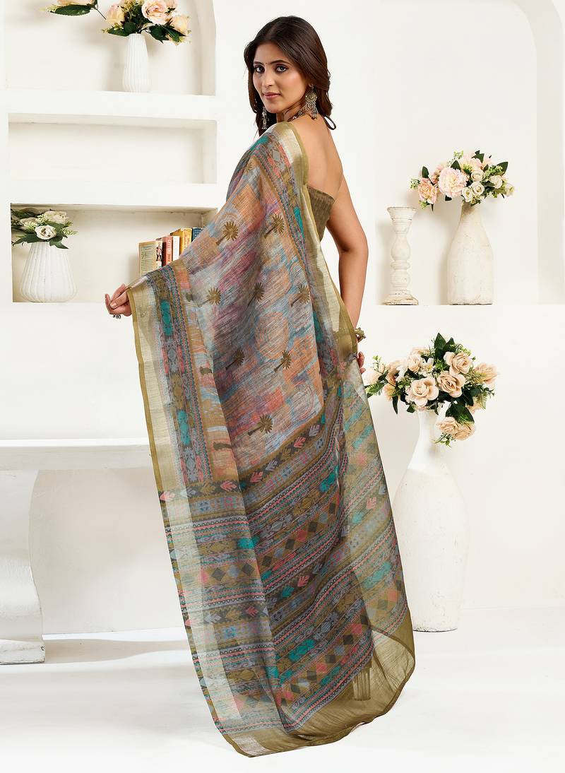 Dusty green linen floral & ethnic motifs printed ready to wear saree