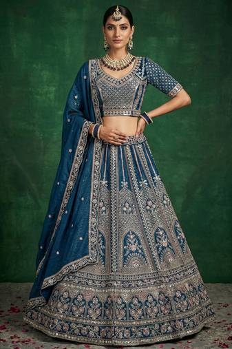 blue sequins embroidered satin bridal lehenga set choli with dupatta