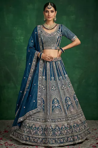 blue sequins embroidered satin bridal lehenga set choli with dupatta