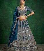 blue sequins embroidered satin bridal lehenga set choli with dupatta