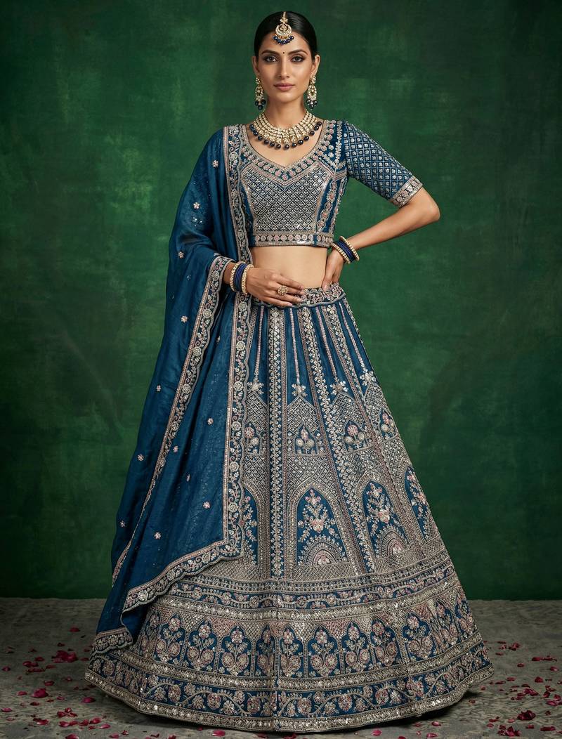 blue sequins embroidered satin bridal lehenga set choli with dupatta