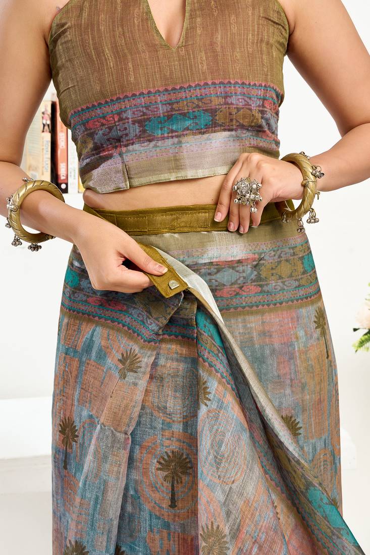 Dusty green linen floral & ethnic motifs printed ready to wear saree