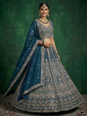 blue sequins embroidered satin bridal lehenga set choli with dupatta 2