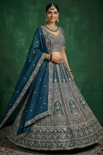 blue sequins embroidered satin bridal lehenga set choli with dupatta