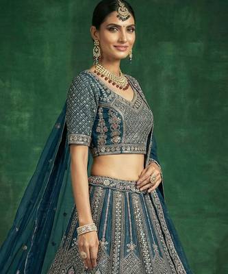 blue sequins embroidered satin bridal lehenga set choli with dupatta 3