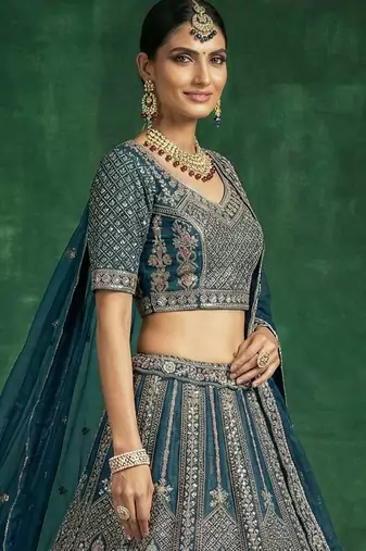 blue sequins embroidered satin bridal lehenga set choli with dupatta