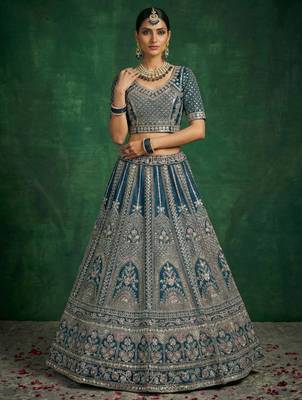 blue sequins embroidered satin bridal lehenga set choli with dupatta 4