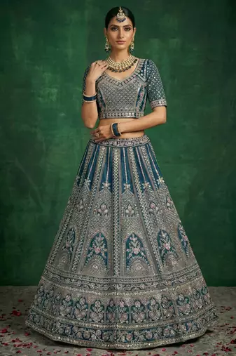 blue sequins embroidered satin bridal lehenga set choli with dupatta