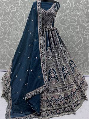 blue sequins embroidered satin bridal lehenga set choli with dupatta 5