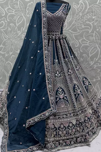blue sequins embroidered satin bridal lehenga set choli with dupatta