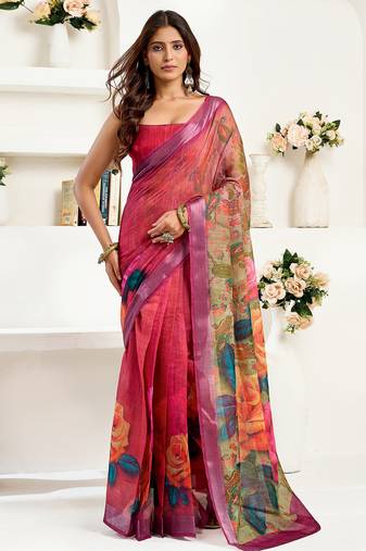   onion pink linen floral printed ready to wear saree