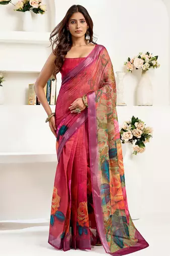  onion pink linen floral printed ready to wear saree