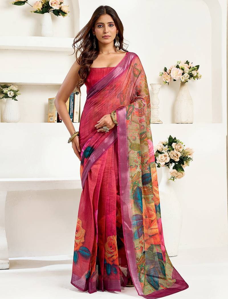  onion pink linen floral printed ready to wear saree