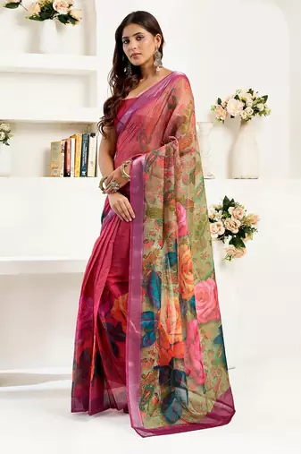   onion pink linen floral printed ready to wear saree