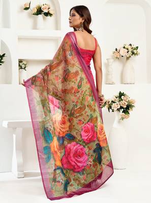   onion pink linen floral printed ready to wear saree 3