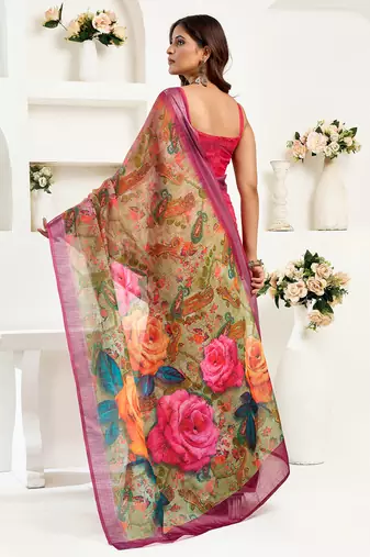   onion pink linen floral printed ready to wear saree