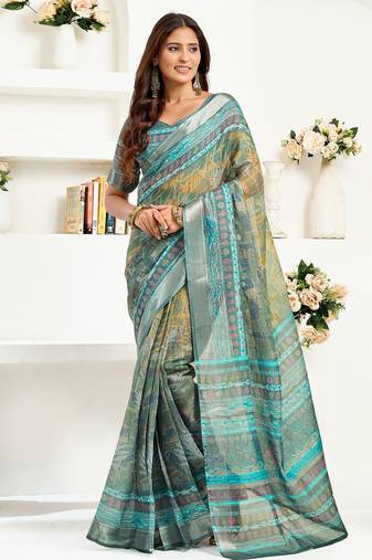 Petrol linen ethinic motifs printed ready to wear saree