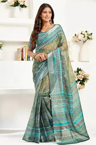 Petrol linen ethinic motifs printed ready to wear saree