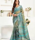 Petrol linen ethinic motifs printed ready to wear saree