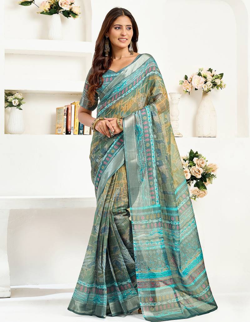 Petrol linen ethinic motifs printed ready to wear saree