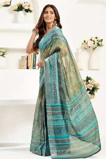 Petrol linen ethinic motifs printed ready to wear saree