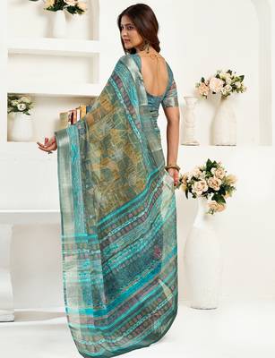 Petrol linen ethinic motifs printed ready to wear saree 3