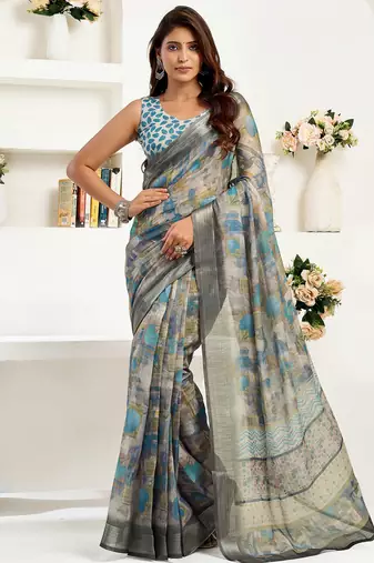  dusty brown linen floral & ethnic motifs printed ready to wear saree