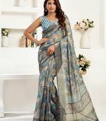  dusty brown linen floral & ethnic motifs printed ready to wear saree