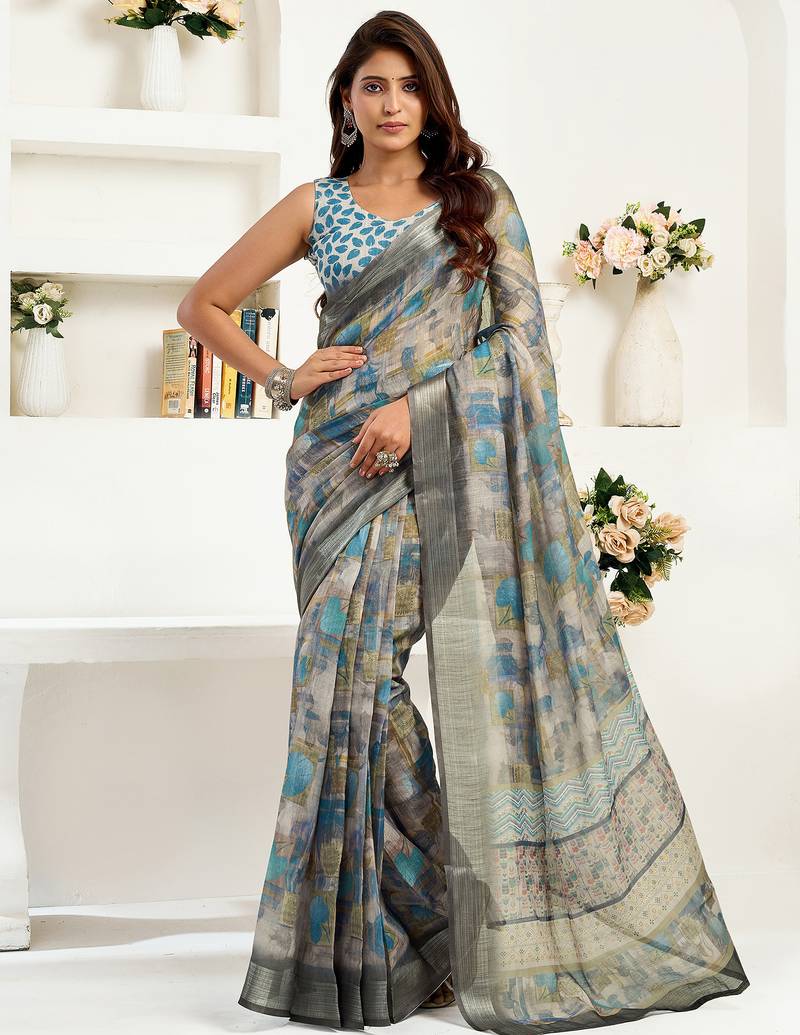  dusty brown linen floral & ethnic motifs printed ready to wear saree
