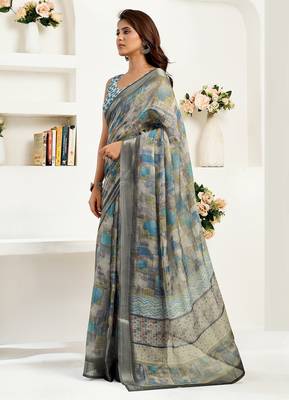   dusty brown linen floral & ethnic motifs printed ready to wear saree 2