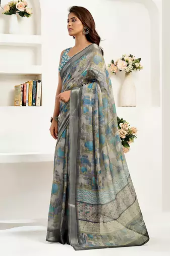   dusty brown linen floral & ethnic motifs printed ready to wear saree