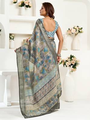   dusty brown linen floral & ethnic motifs printed ready to wear saree 3