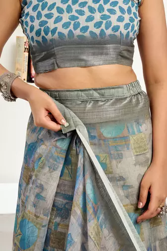   dusty brown linen floral & ethnic motifs printed ready to wear saree
