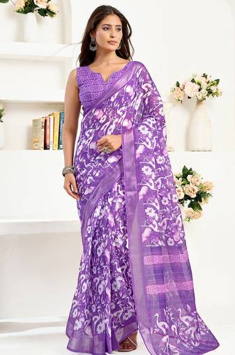 Purple linen   floral and bird motifs printed ready to wear saree