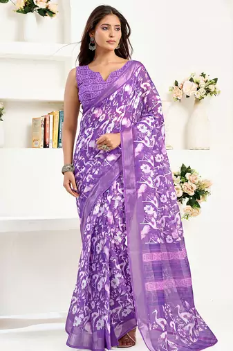Purple linen  floral and bird motifs printed ready to wear saree