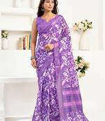 Purple linen  floral and bird motifs printed ready to wear saree