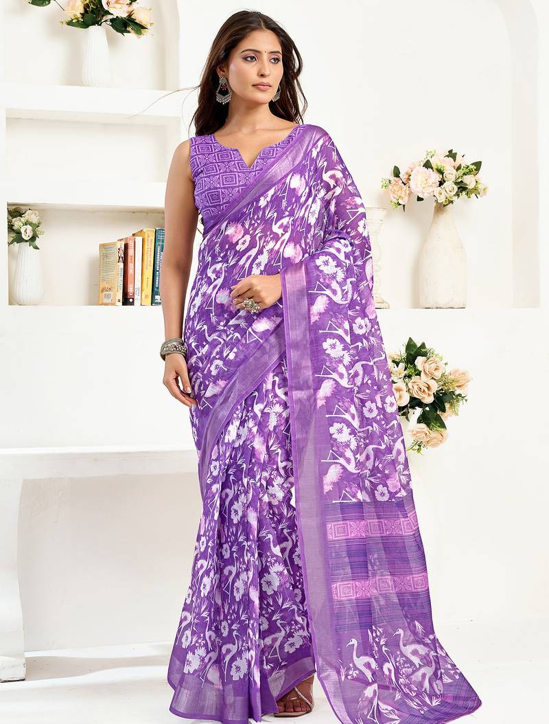 Purple linen  floral and bird motifs printed ready to wear saree