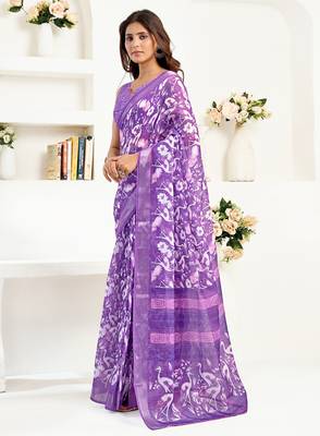 Purple linen   floral and bird motifs printed ready to wear saree 2