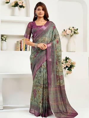 Multicoloured linen ikkat & floral printed ready to wear saree 1